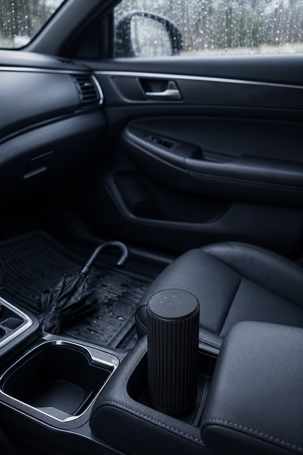 ODORHUSH in a car interior on a rainy day